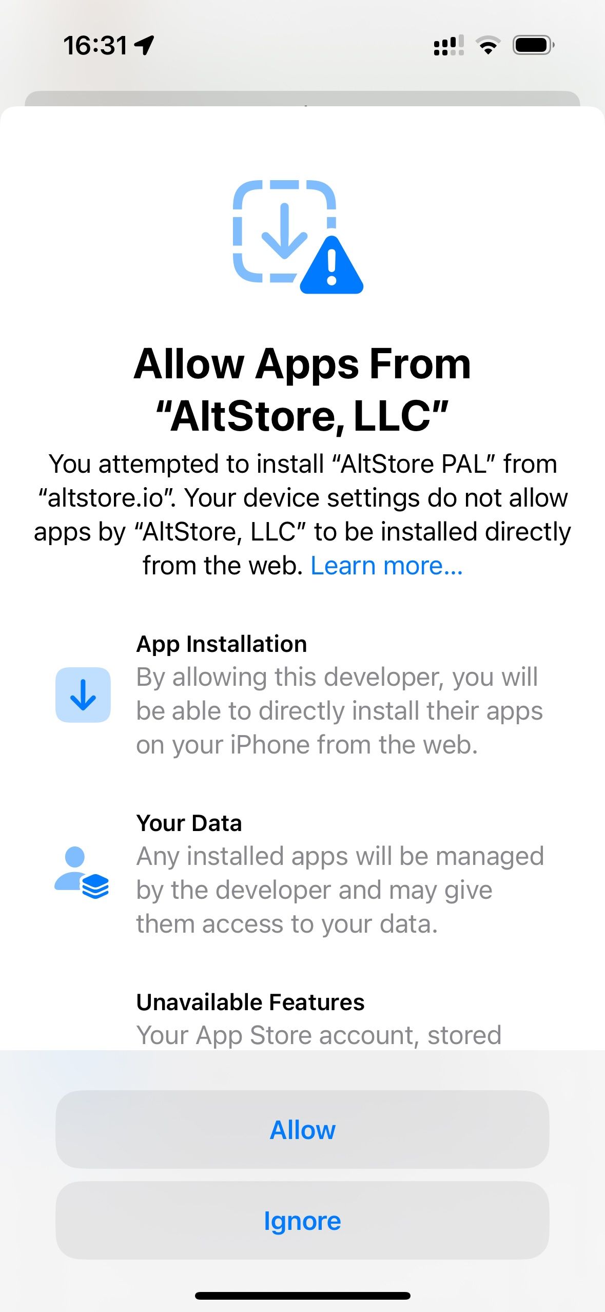 Screenshot granting permission for app installation from AltStore