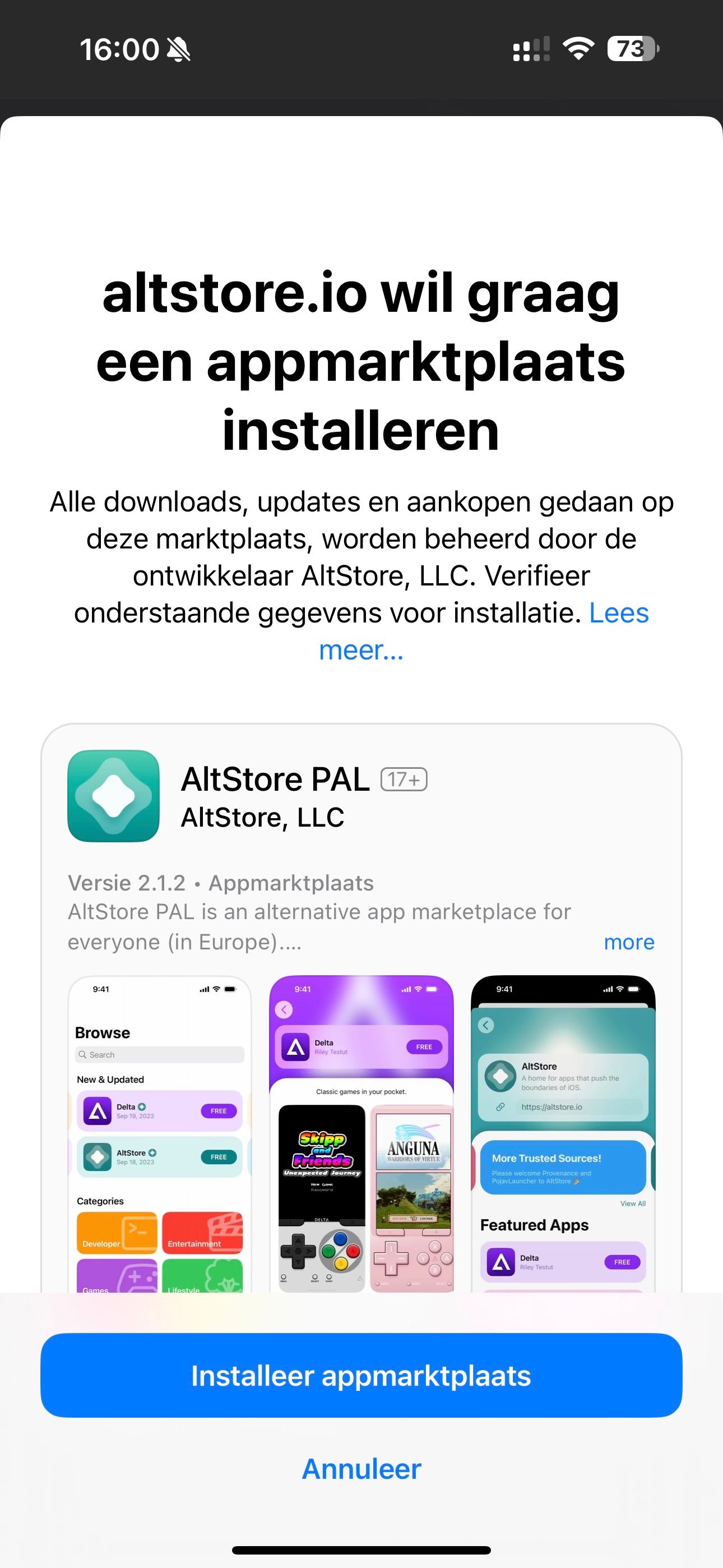 Screenshot AltStore-installatie