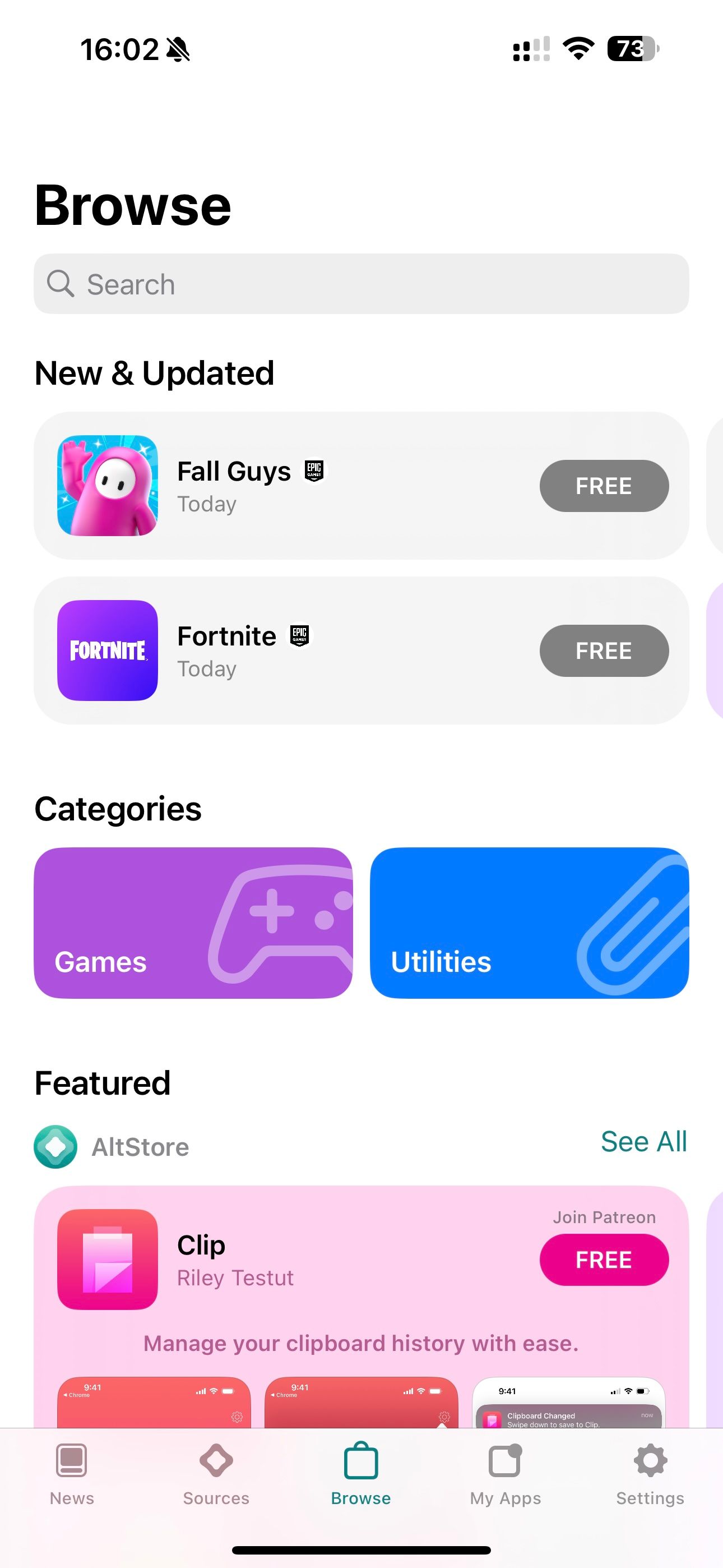 Screenshot of AltStore with Epic Games apps